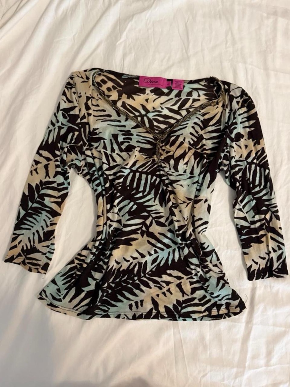 Vintage Dana Buchman Black, Beige & Light Blue Botanical V-Neck Blouse
